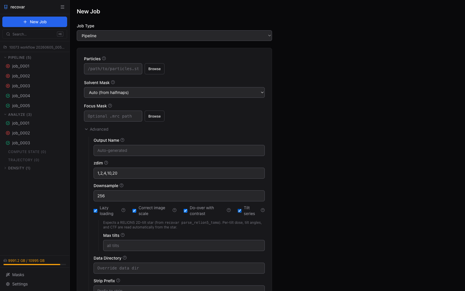 Pipeline form with the Tilt series option enabled