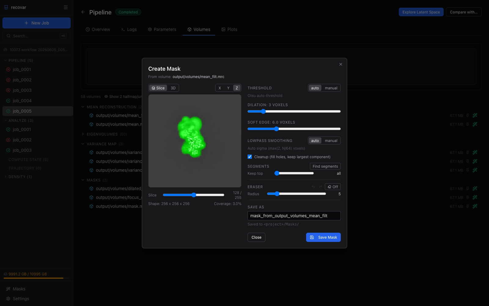 Mask Wizard -- slice view with live preview and controls